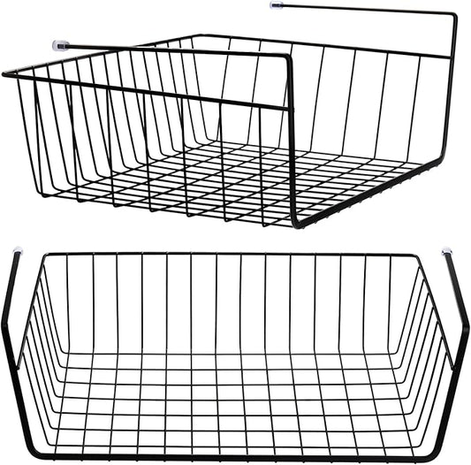 Tebery 2 Pack Black Under Shelf Wire Basket, Hanging Storage Baskets Under Cabinet Add-on Storage Racks, Slide-in Baskets Organizer for Kitchen Pantry Desk Bookshelf
