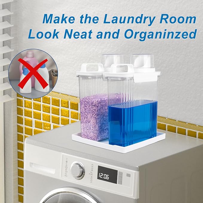 68oz Laundry Detergent Container, 2 Pack Plastic Liquid Detergent Dispenser for Laundry Room Powder,Soap,Fabric Softener, Scent Beads Storage and Organization,with 5 Labels,1 Tray.(2, 68oz)