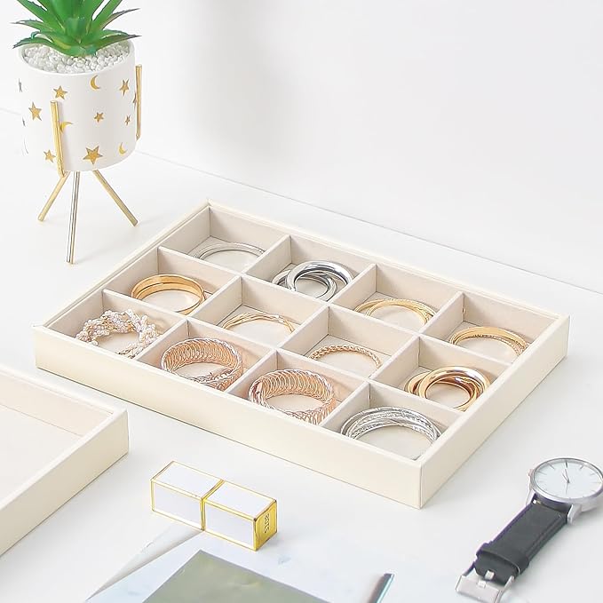 Stackable Jewelry Organizer Tray For Drawers,White Leather Small Earring Storage Tray,Bracelet And Necklace Display Box,Jewelry Ring Display Case (Creamy White 12 Grids)