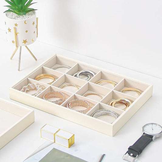 Stackable Jewelry Organizer Tray For Drawers,White Leather Small Earring Storage Tray,Bracelet And Necklace Display Box,Jewelry Ring Display Case (Creamy White 12 Grids)