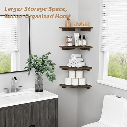 Forbena Large Corner Floating Shelves for Wall Set of 4, 12 Inch Deep Wall Mounted Corner Shelves for Bedroom, Livining Room, Farmhouse Hanging Bookshelf Bookshelves (Rustic Brown)