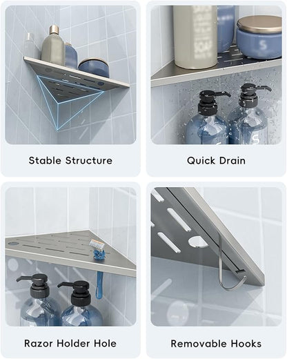 DAYONE 10" Corner Shower Shelf Brushed Nickel, 304 Stainless Steel Slot Design Recessed Corner Shelves with 2 Hooks and 4 Holes, for Bathroom Shower Kitchen 2 Pack