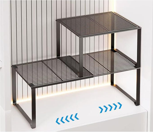HGZBS Extendable Metal Wire Shelf Organizer - Adjustable 15-24.4in Length, Stackable Storage Rack for Kitchen/Pantry/Bathroom/Shoe Cabinet/Tool Closet (2,Black)