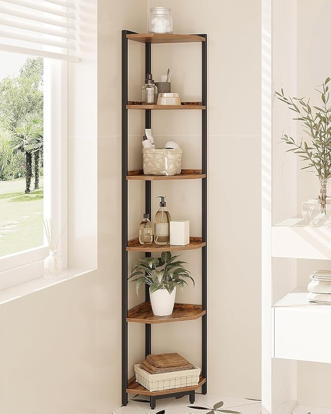 Corner Shelf Stand, Corner Bookshelf, Storage Standing Shelf Unit with Metal Frame, Plant Stand, Corner Bookcase for Living Room, Home Office, Bedroom, 6-Tier Rustic Brown CS06001B