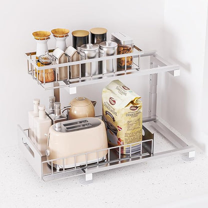 Toyear Under Sink Organizer, Heavy Duty Metal Pull Out Cabinet Organizer Slide Out Sink Shelf Organizer Height Adjustable, Multi-Purpose Storage Shelf for Kitchen Bathroom(Sliver,1Pack)