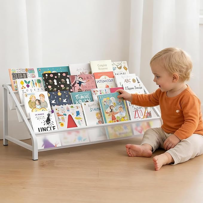 4-Tier Toddler Bookshelf & Organizer - Sturdy Metal Book Rack for Kids Room - Montessori Front-Facing Display Stand, High-Capacity Transparent Storage for Nursery & Playroom, 32 Inch