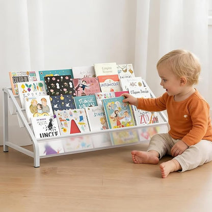 4-Tier Toddler Bookshelf & Organizer - Sturdy Metal Book Rack for Kids Room - Montessori Front-Facing Display Stand, High-Capacity Transparent Storage for Nursery & Playroom, 32 Inch
