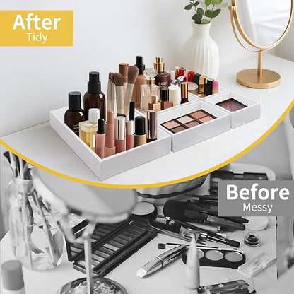 Bamboo Drawer Organizer with 2 Dividers, 5PCS Adjustable Junk Desk Organizer Trays with 7 Grid , Wood Stackable Storage Boxes Bins for Kitchen Flatware, Office Desktop, Bathroom Makeup, Jewelry