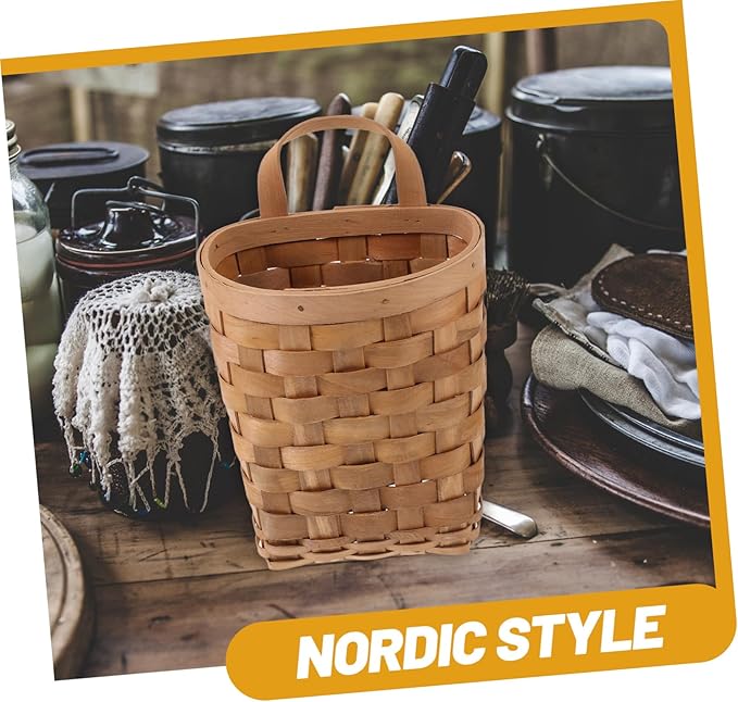 Woven Storage Baskets Natural Wood Hanging Organizer Wall Mounted Compact Kitchen Storage Basket for Utensils Cosmetics and Decor Load Bearing Carbonized Color
