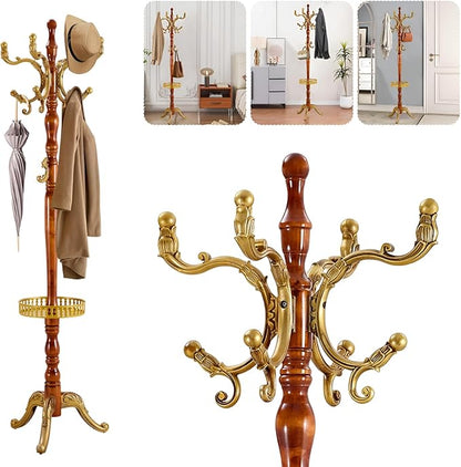 Solid Wood Coat Rack – Freestanding Coat Racks Stand with Hooks & Stable Base, Adjustable Height Modern Wooden Hall Tree for Entryway, Bedroom, Office, Home (H12 Begonia)