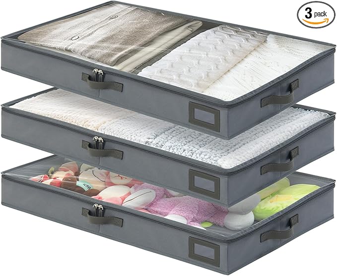 PLUMGEAN 4-Inch Under Bed Storage Containers (3-Pack) | Sturdy Sidewalls | Clear Cover & Label Holder | Underbed Organizer for Crib/Couch | Stores Clothing/Blankets/Wrapping Paper/Toys
