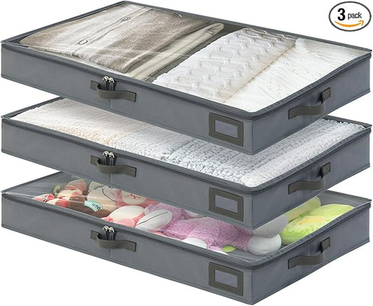 PLUMGEAN 4-Inch Under Bed Storage Containers (3-Pack) | Sturdy Sidewalls | Clear Cover & Label Holder | Underbed Organizer for Crib/Couch | Stores Clothing/Blankets/Wrapping Paper/Toys