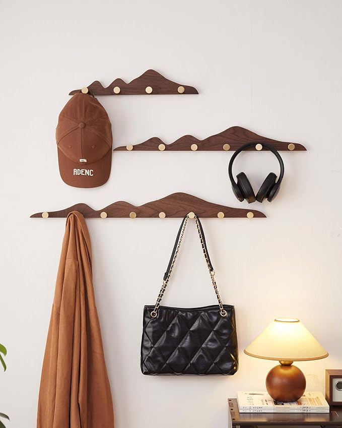 Wood Coat Hooks Wall Mount - Wooden Coat Rack with 6 Gold Brass Hooks for Entryway Bathroom Bedroom, Modern Decorative Wall Hooks Heavy Duty Organizer for Hanging Clothes Hats Bags Robes Towels Purse
