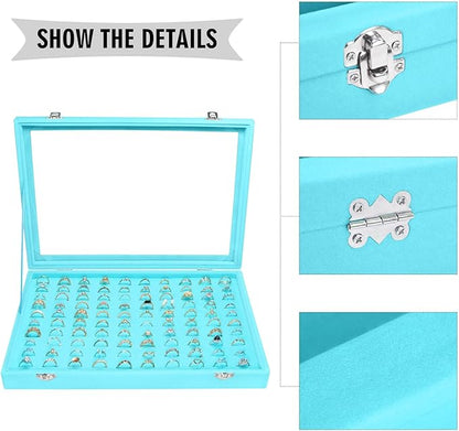 Velvet Ring Display Tray Organizer Box with Transparent Lid, 100 Slot Ring Holder Showcase For Store Display Jewelry Show Home, Ring Organizer For Rings Earrings (Light Blue)