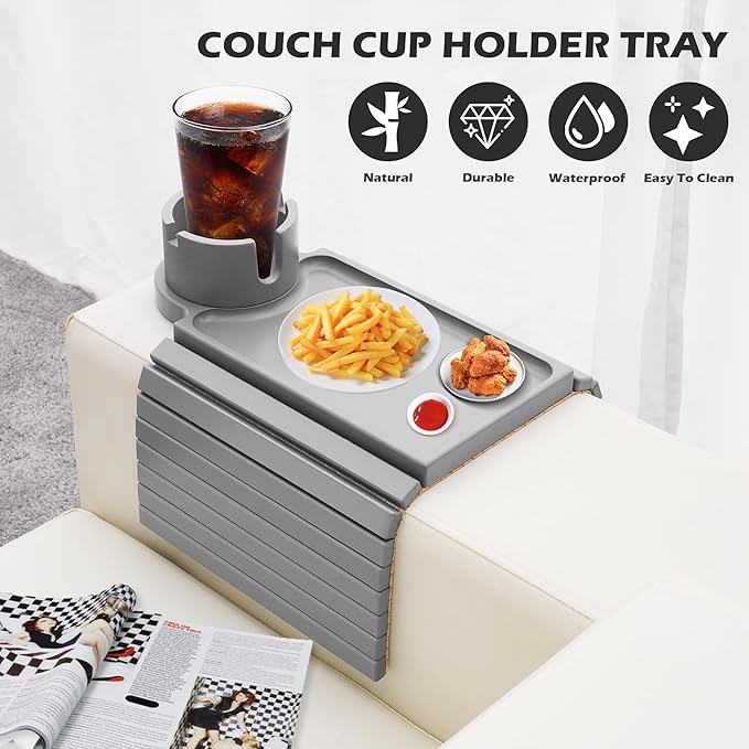 Couch Cup Holder Tray, Large Couch Arm Table with 360° Ratated Phone Holder, 3 in 1 Bamboo Sofa Armrest Tray with Anti-Slip Couch Organizer for Remote,Cellphone,Snacks