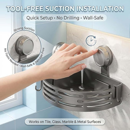 Triangle Suction Cup Shower Caddy, Corner Shower Shelves No Drilling, Aluminum Upgrade Suction Cup Shower Organizer with Towel Bar & Hooks, Heavy-Duty Strong Hold (Gray, 3pcs)