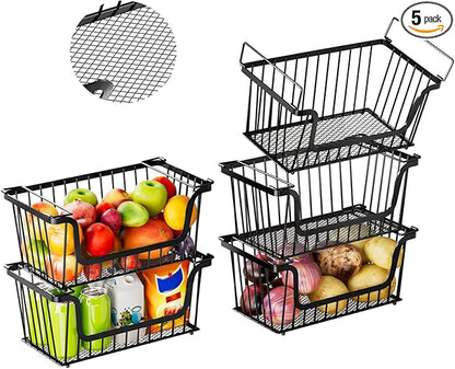 5 Pack Enhanced Leak-Proof Bottom Stackable Wire Baskets, Pantry Organizers and Storage, pantry storage，Shelf Baskets, Fruit Basket, Potato and Onion Storage Bins，(Black)