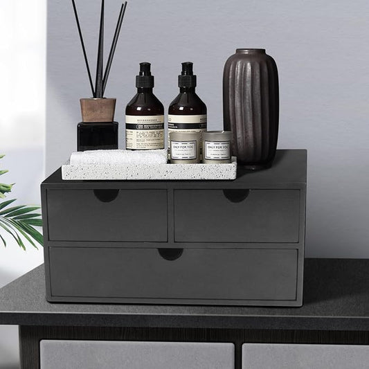 Bamboo Desk Organizer with 3 Drawers, Countertop Organizer with Drawers Makeup Storage Drawer 3 Drawer Tabletop Storage Organization Box Home Office Workspace（Black）