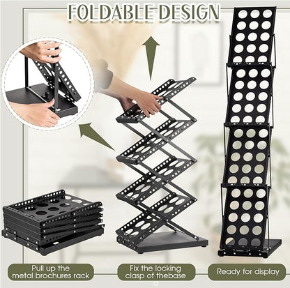 Tatuo 1 Piece Foldable Magazine Rack Metal Catalog Literature Rack Portable 4 Pockets with Carrying Bag Brochure Stand Literature Display Holder Stand for Exhibition Trade Show