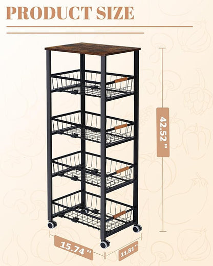 Mythinglogic 5-Tier Rolling Fruit Vegetable Storage Cart with Pull-Out Baskets, Metal Kitchen Organizer, Heavy Duty Utility Rack with Wheels for Pantry, Living Room, Kitchen
