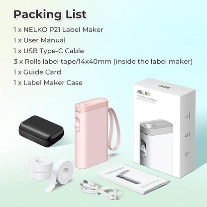 Nelko Label Maker Machine with Tape, P21 Bluetooth Label Printer with 3 Tapes & Case, Wireless Mini Label Makers with Multiple Templates Icon Font Custom for School Office Home, Pink