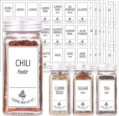 SWOMMOLY 48 Glass Spice Jars with 806 White Spice Labels, Chalk Marker and Funnel Complete Set. Empty Square Spice Bottles 4 oz, Spice Containers with Pour/sift Shaker Lid, Airtight Cap