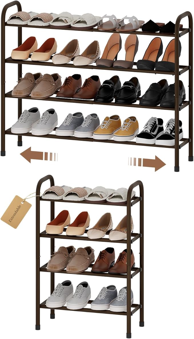 Expandable Shoe Rack, 4-Tier Metal Small Shoe Rack, Adjustable Shoes Organizer, Storage Shelf for Closet, Entryway, Brown