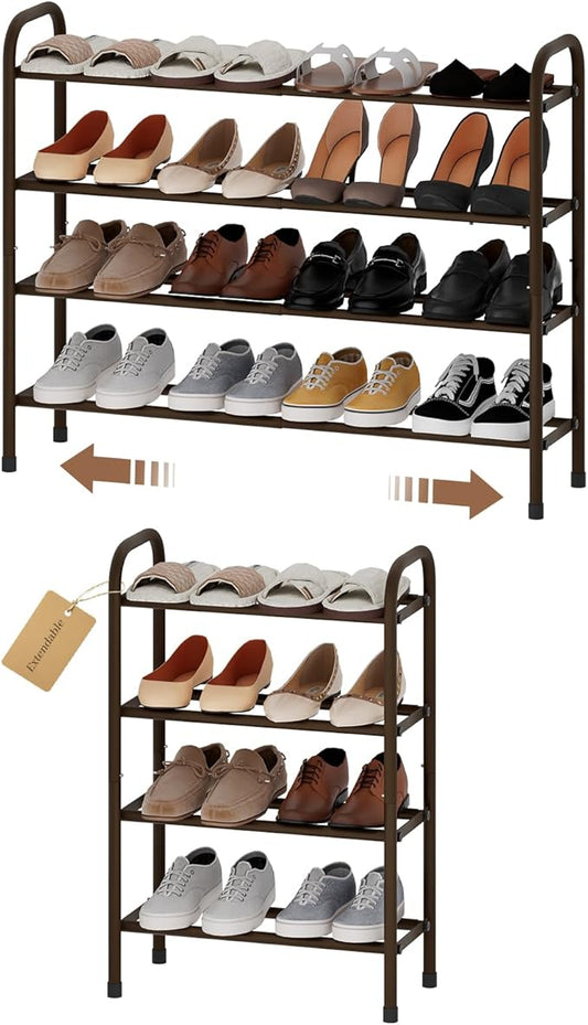 Expandable Shoe Rack, 4-Tier Metal Small Shoe Rack, Adjustable Shoes Organizer, Storage Shelf for Closet, Entryway, Brown