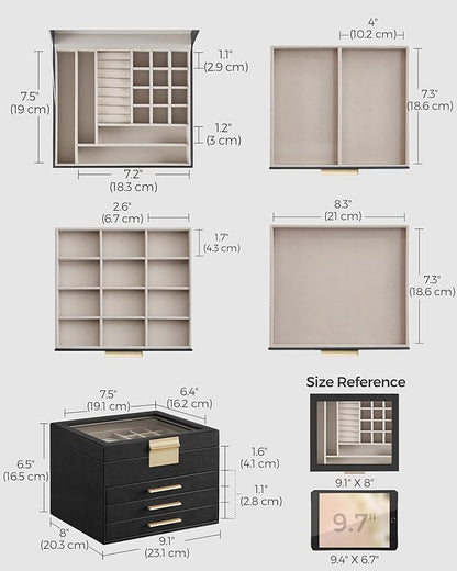 SONGMICS Jewelry Box Organizer with Glass Lid, 4-Layer Jewelry Storage, with 3 Drawers, Modern Style, 8 x 9.1 x 6.5 Inches, Graphite Black and Gold Color UJBC173B01