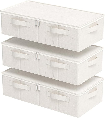 ENUMAIL Underbed Storage Box Organizer, Foldable Under Bed Clothes Bags Container, Flat Bins with Lid for Organizing Clothes, Sheets, Blankets, Comforter, 23.6x11.8x5.9in, Beige, 3 Pack