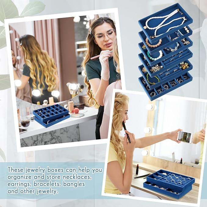 Junkin 18 Pcs Velvet Jewelry Tray Stackable Jewelry Drawer Organizer Jewellery Box Divided Display Tray for Earring Bangle(Peacock Blue)