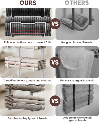 Hanging Towel Racks for Bathroom No Drill - Over The Door 6-Tier Bath Towel Storage Organizer for Small Bathrooms - Back Door Large Tiered Towel Holder Hanger for Rolled Towels RV Camper White