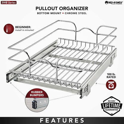 Rev-A-Shelf Kitchen Cabinet Wire Pullout Shelf and Drawer Organizer Pantry Storage with Basket and Mounting Hardware, 15 x 22 In, 5WB1-1522CR-1