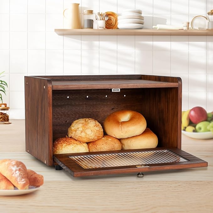 Sunhoo Bread Box for Kitchen Countertop Storage Wooden Breadbox Holder Container Morden Rustic Fresh Bread Keeper Farmhouse Stackable Organizer Bin for Homemade Food Shelf Acrylic Window (Brown)