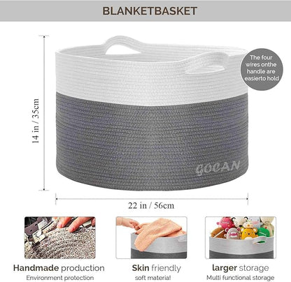 Storage Baskets for Organizing D22"H14" Large blanket basket laundry basket Cotton Rope Woven Basket for toy towl in Living Room (Ltgrey/Beige) XXXL