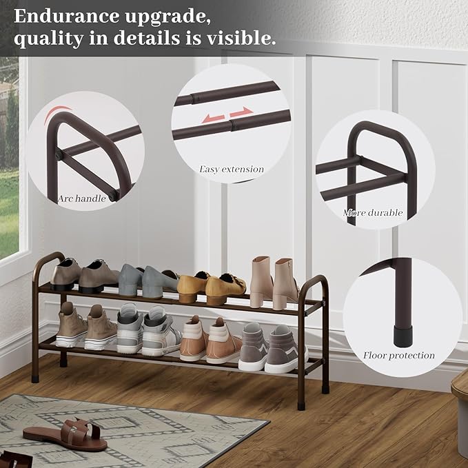 Expandable Shoe Rack, 2-Tier Metal Small Shoe Rack, Adjustable Shoes Organizer, Storage Shelf for Closet, Entryway, Brown