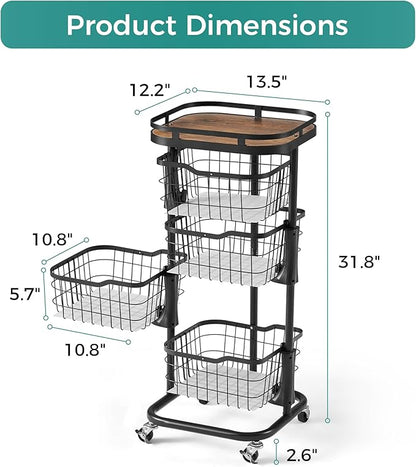 4 Tier Kitchen Fruit Vegetable Storage Cart with One-Piece Rotating Basket, Pantry Organizer Shelf Rack Floor Stand for Veggie Onion Potato Produce Spice, Rolling Snack Cart on Wheels, Black