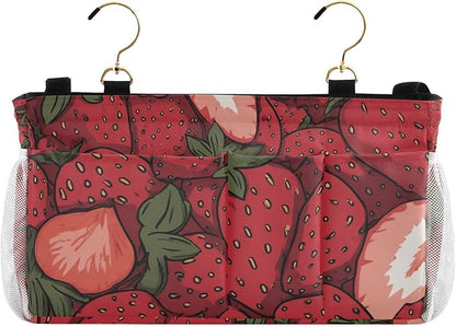 CuwrYet Bedside Caddy Hanging Bunk Bed Caddy Bed Organizer Hanging Pocket with 2 Hooks Bedside Storage Organizer Pocket Bag Holder Cartoon Red Strawberry