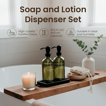 Maisonovo Kitchen Soap Dispenser Set | Hand and Dish Soap Dispenser Set with Handmade Ceramic Vanity Tray and 16 Waterproof Labels | Green Glass Bottles & Black Pumps