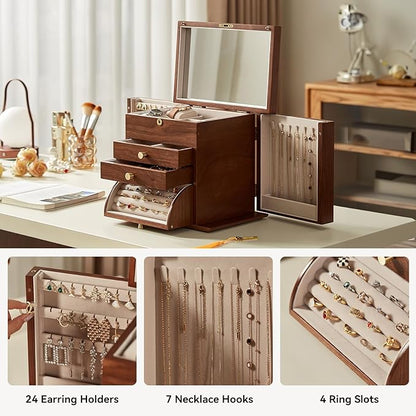 Homruilink Black Walnut Wooden Jewelry Box, Wood Jewelry Organizer with 2 Side Doors Mirror Lockable Classical for Watch Necklace Ring Earring Storage Christmas Gifts-4 Layer with Curved Ring Grooves