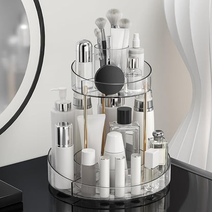 2 tier Makeup Organizer Countertop,360 Rotating Makeup Organizer for Skincare, Lipstick and Perfumes,Multi-function Cosmetic Display Cases for Vanity,Bathroom,White