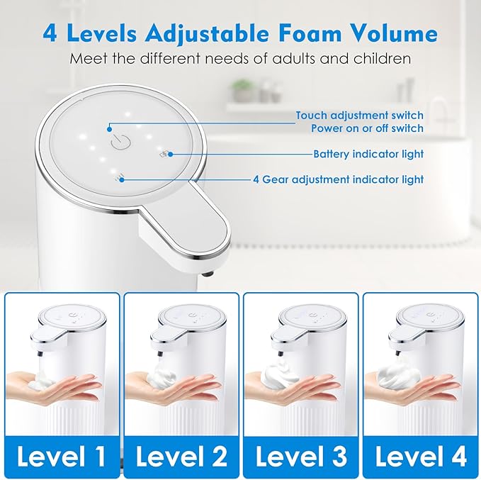XINKORA 2 Pack Automatic Soap Dispenser Touchless, Rechargeable Foaming Hand Soap Dispenser, 4-Level Adjustable Foam for Bathroom Countertop, Electric (White)