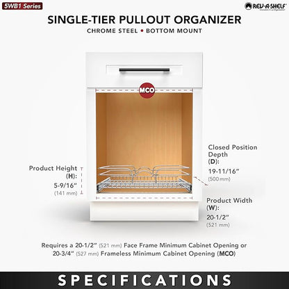 Rev-A-Shelf Kitchen Cabinet Pullout Shelf and Drawer Organizer Slide Out Pantry Storage Basket in Multiple Sizes, 21 x 20 In, 5WB1-2120CR-1
