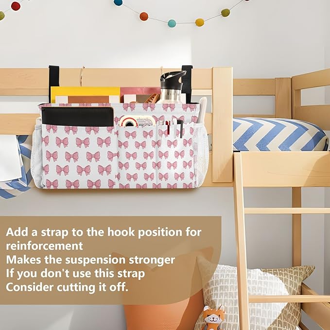 Jihqo Bedside Caddy Hanging Storage Bag Pink Bows Bedside Organizer Caddy for Bunk, Dorm Room, Hospital Beds - Place Magazines / Remotes / Keys