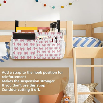 Jihqo Bedside Caddy Hanging Storage Bag Pink Bows Bedside Organizer Caddy for Bunk, Dorm Room, Hospital Beds - Place Magazines / Remotes / Keys