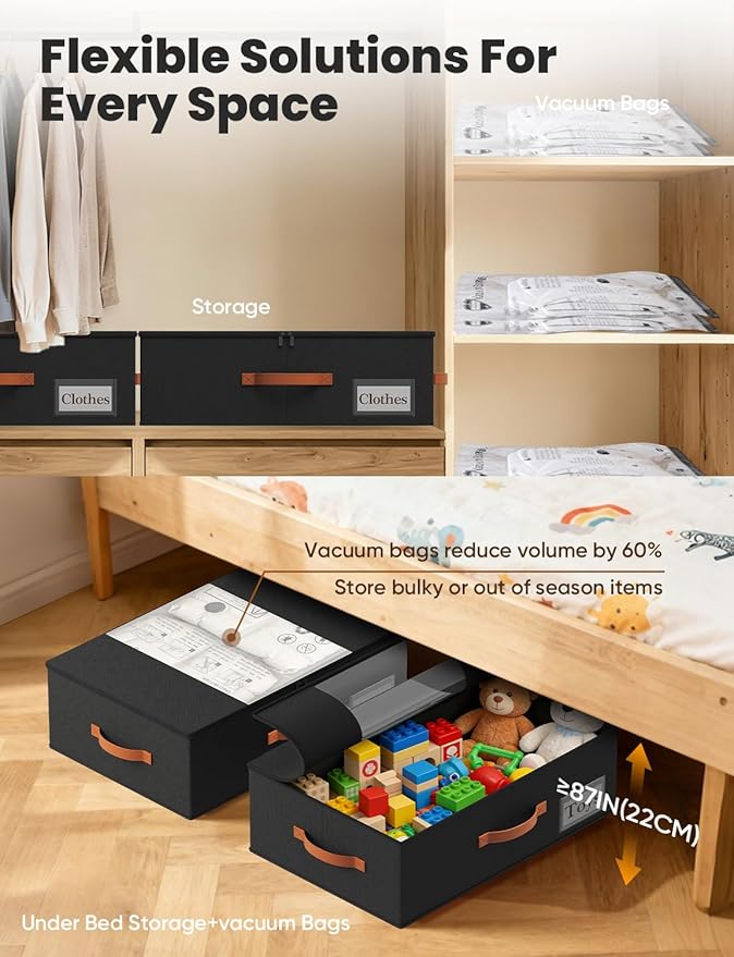 TOSKING Under Bed Storage with Wheels 2 Pack, 4 Vacuum Bags Included, 7.9" Rolling Underbed Bins, Durable Oxford Fabric, 80lbs Heavy Duty Drawer Organizer for Clothes, Shoes, Toys, Black