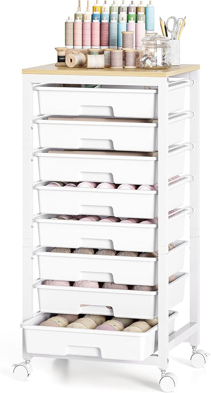 Rolling Cart with Drawers,8 Drawer Rolling Cart,Rolling Drawer Cart,Rolling Storage Drawer Cart,White Rolling Cart,Utility Cart with Drawers and Wooden Tabletop