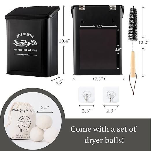 Magnetic Lint Bin for Laundry Room, Metal Trash Can with Lid for Dryer, Farmhouse Lint Holder, Laundry Co Sign, Laundry Room Storage Decor with Dryer Lint Brush (Black-Dryer Ball Set)