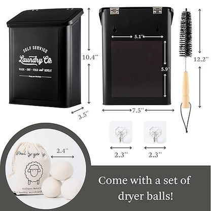 Magnetic Lint Bin for Laundry Room, Metal Trash Can with Lid for Dryer, Farmhouse Lint Holder, Laundry Co Sign, Laundry Room Storage Decor with Dryer Lint Brush (Black-Dryer Ball Set)