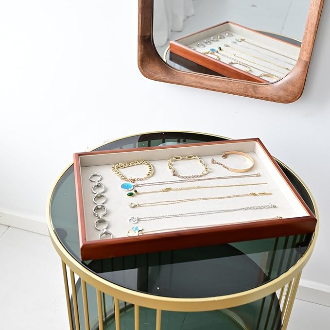 Elegant Wood Flat Jewelry Tray – 14"x9.5" Velvet Lined Display Organizer for Rings, Bracelets, Necklaces – Classic Wooden Storage for Vanity, Dresser, Countertop, White&Brown